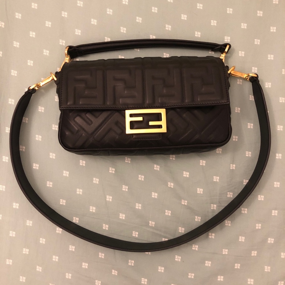 New Fendi Medium Black Baguette Crossbody Bag